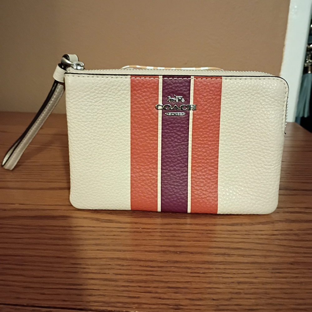 Coach Cream Wristlet with Red and Purple Stripes